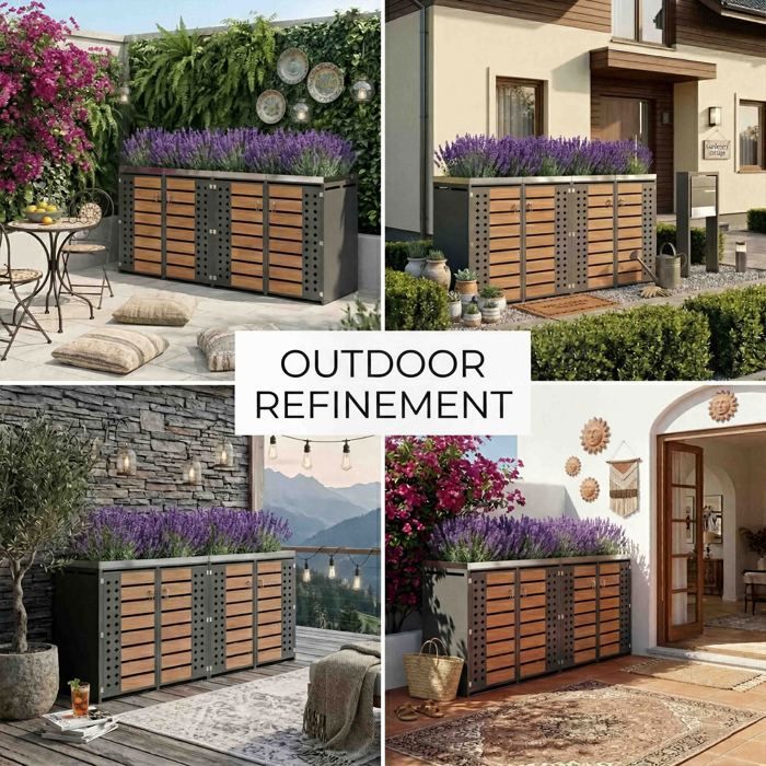 Tapa para contenedor cuádruple 132×80×124,5cm - Jardinera - Reciclable y con cerradura - Acero galvanizado y madera
