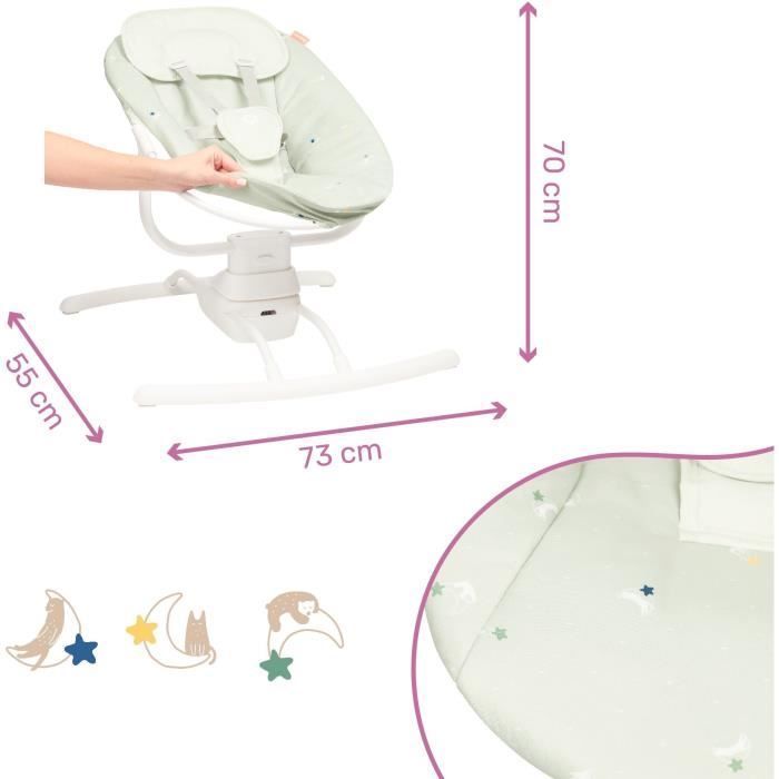 Columpio eléctrico para bebés Badabulle - Reclinación lateral - 3 velocidades de balanceo - 8 nanas - Barra de juguetes - Garantía de por vida, Lichen