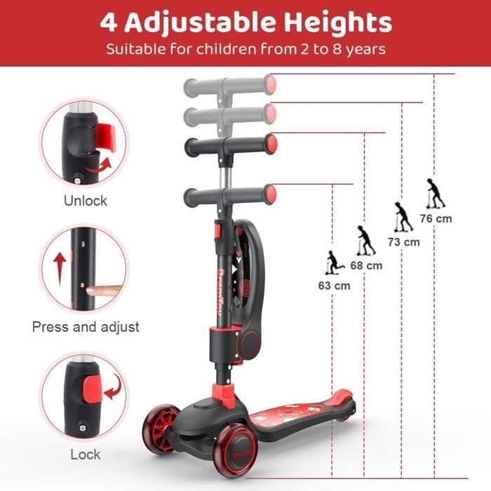 Patinete infantil com LED - 3 em 1 - Dobrável com assento - Vermelho e preto