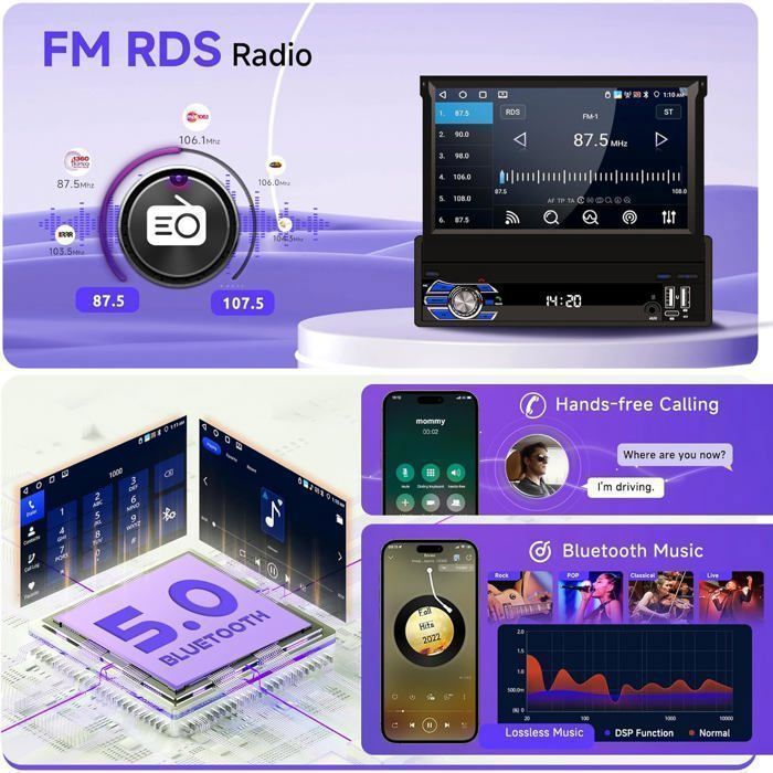 Radio para coche Android de 1 DIN con pantalla retráctil de 7