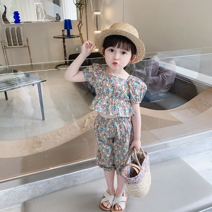 Conjunto de 2 piezas para niñas: Top de manga abullonada con estampado floral, shorts, camisa transpirable, azul