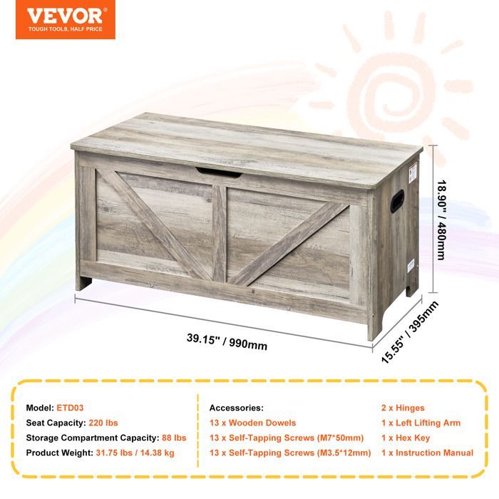 Baúl de juguetes de madera - VEVOR - 990 x 395 x 480 mm - Banco de almacenamiento infantil grande - para sala de juegos, dormitorio - Gris