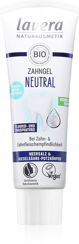 Creme dental Lavera Neutral com consistência em gel.