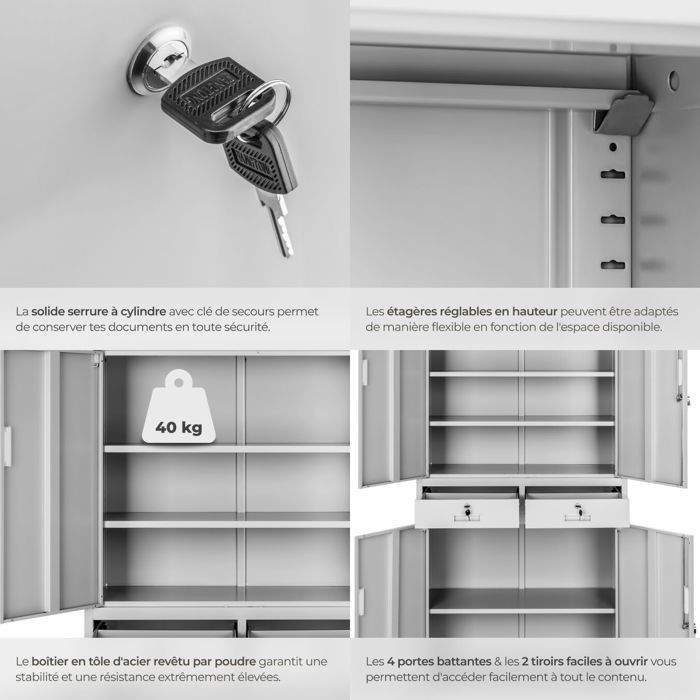Office storage - TECTAKE - COSMO lockable metal filing cabinet with 2 drawers - 40 x 80 x 180 cm - Light Grey