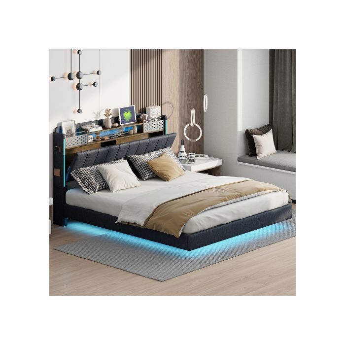 Letto matrimoniale - 160x200 - Contenitore con cassetti - Testiera multifunzionale con LED - Biancheria grigia