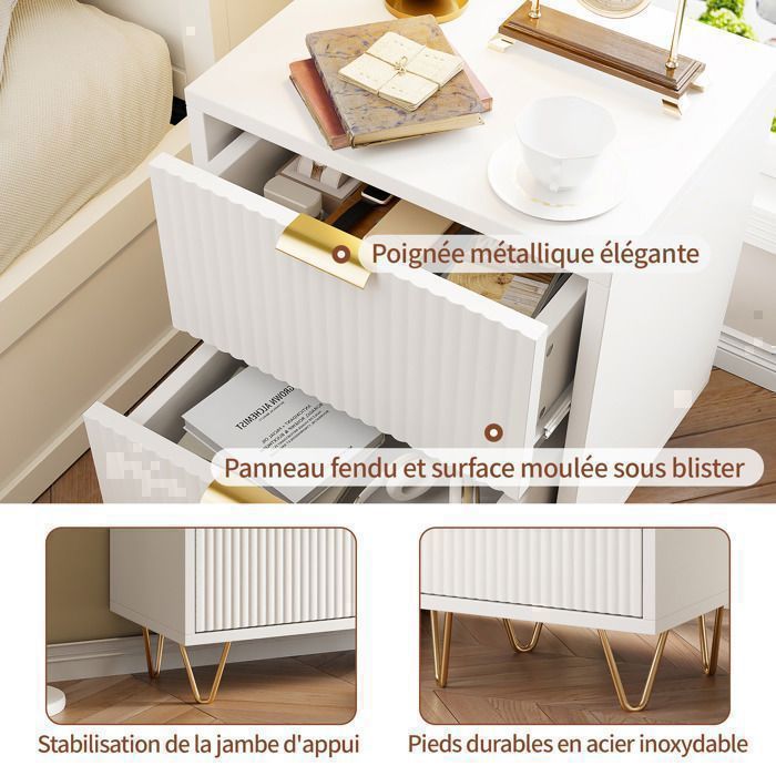 Lot de 2 Tables de Chevet, Tables d'appoint avec 2 tiroirs, Moderne Blanc Table de Nuit avec Pieds dorés, Blanc