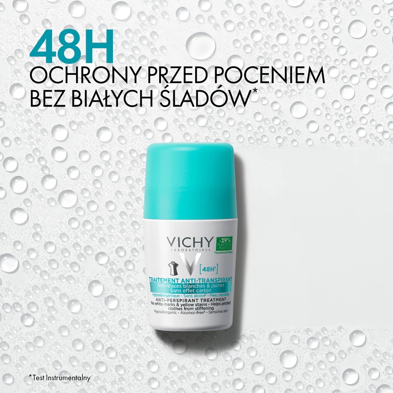 „Vichy“ 48 valandų dezodorantas-antiperspirantas rutuliniam dezodorantui nuo baltų ir geltonų žymių.