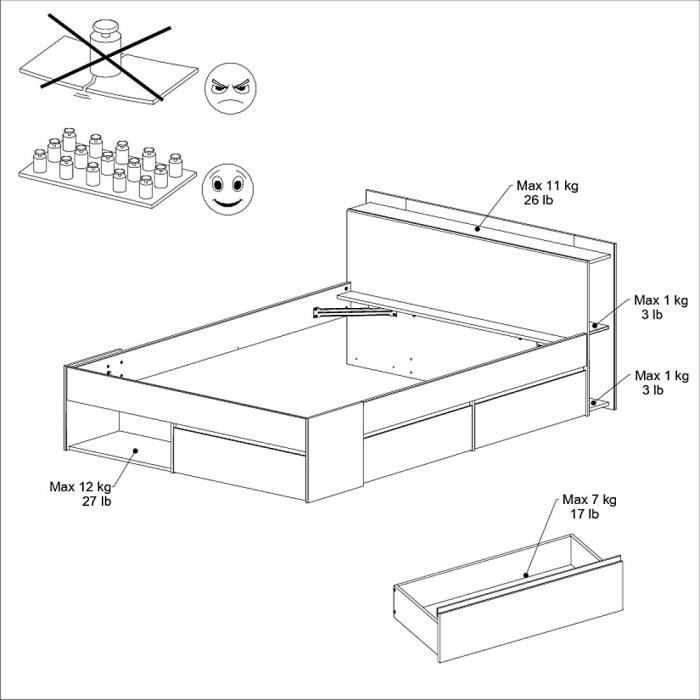 Cama adulta COMBO 140x190/200 cm - Roble y negro - 3 cajones - PARISOT