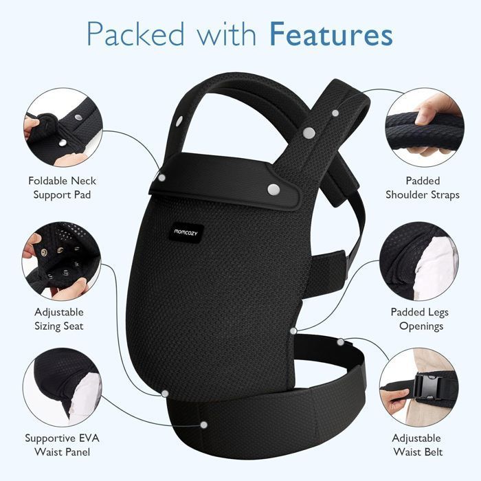 Momcozy hengittävä verkkokantoreppu, ergonominen kantoreppu, sopii vauvoille 3,2–20 kg, musta