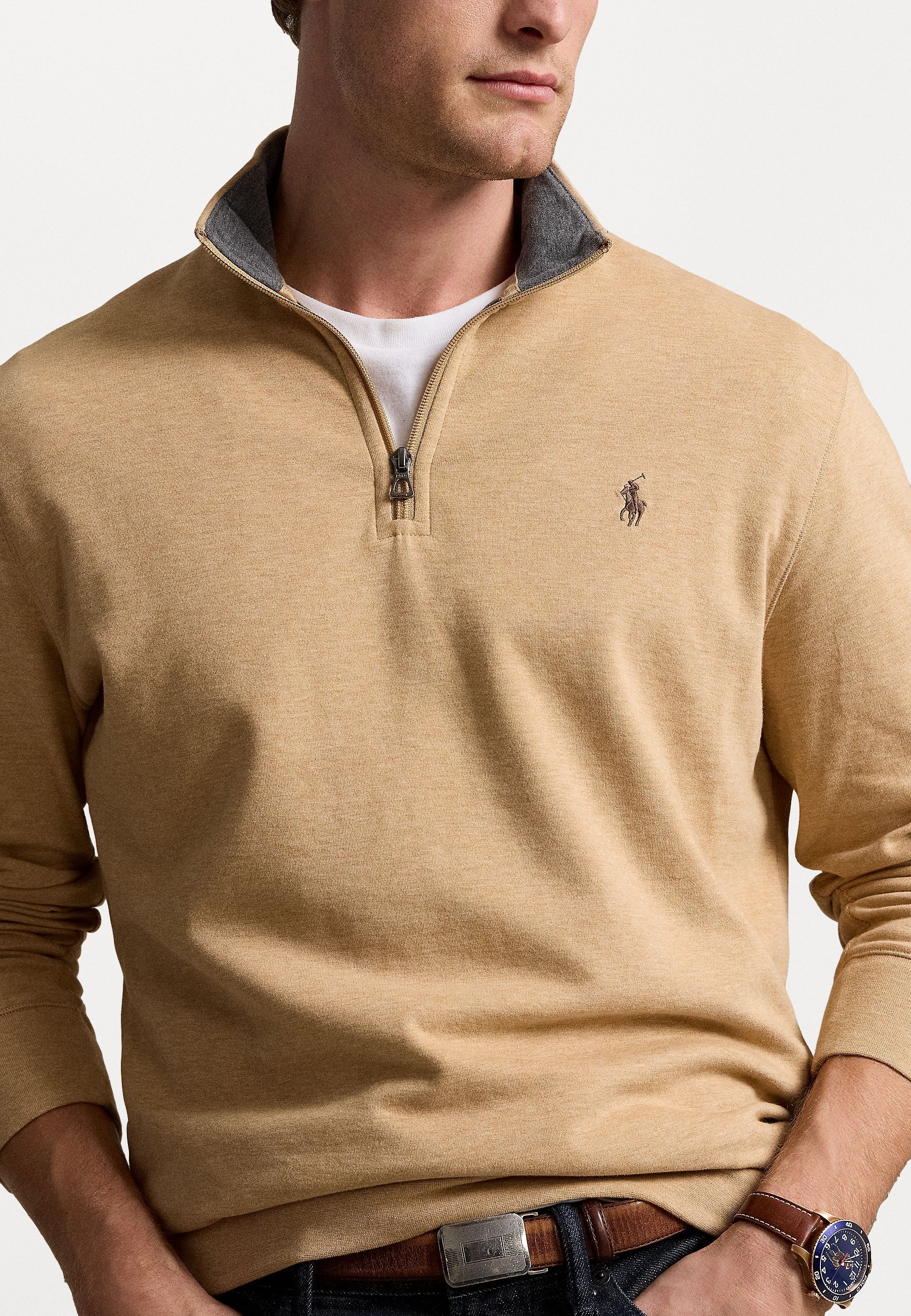 Pull-over zippé Polo Ralph Lauren Luxury Jersey - Gris camel chiné classique