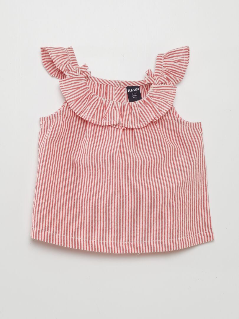 Gestreept topje met ruches - ROOD