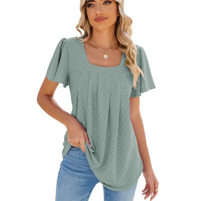 Camiseta de mujer - INSFITY - Verano - Cuello cuadrado - Manga corta - Verde