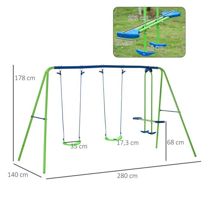 Balançoire - Outsunny - 3 agrès portique -  avec 2 balançoires - 2,8L x 1,4l x 1,78H m - métal époxy anticorrosion PE - Vert Bleu