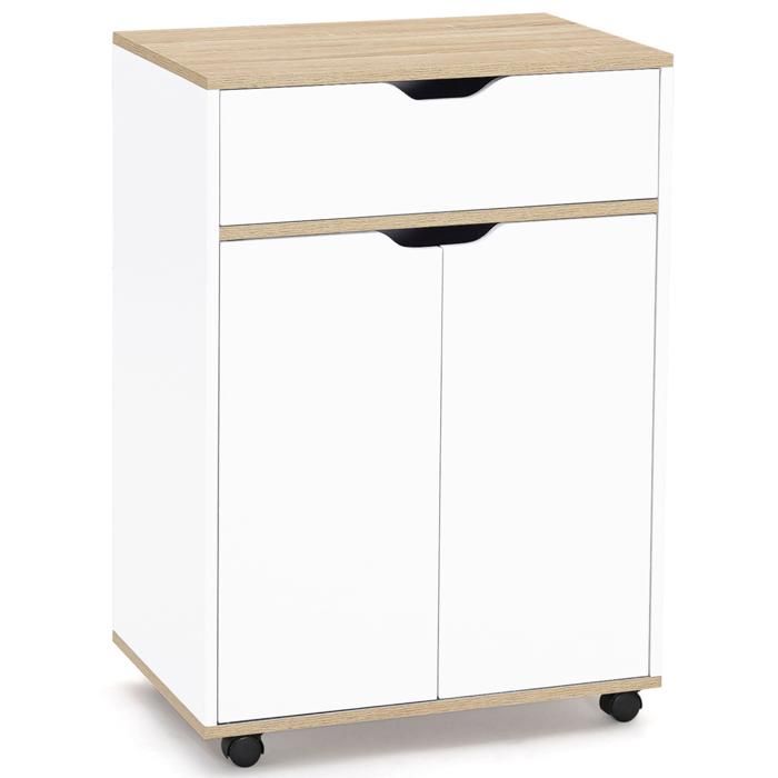 Carrito de cocina IDMARKET COSY con armario, cajón de madera blanca y estantes con efecto haya, 60 cm de ancho.