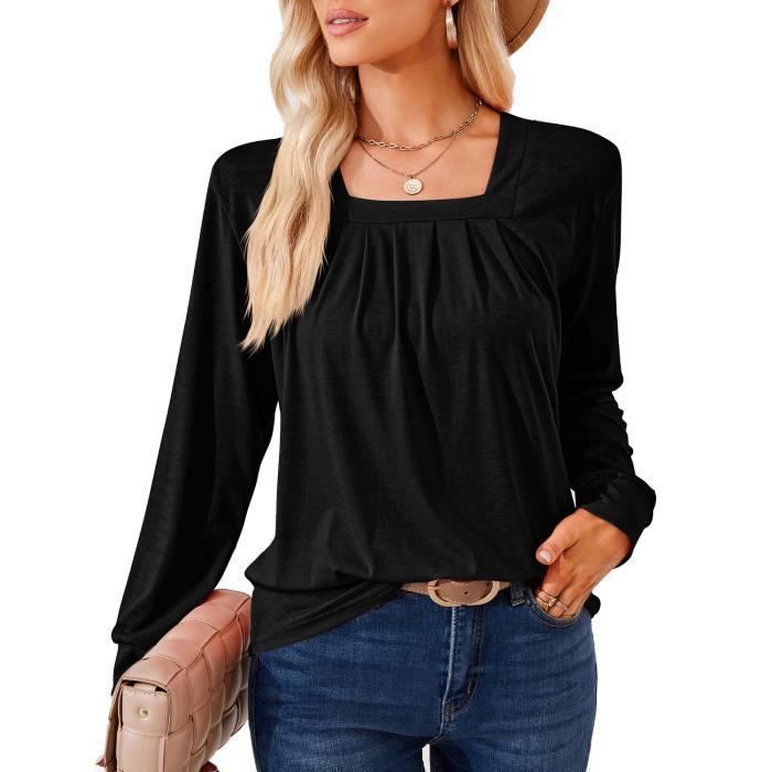 Pull Femme Col Carré Plissé Manches Longues Pullover Lâche Confortable Couleur Unie Pour Printemps Et Automne - Taille EU - Noir