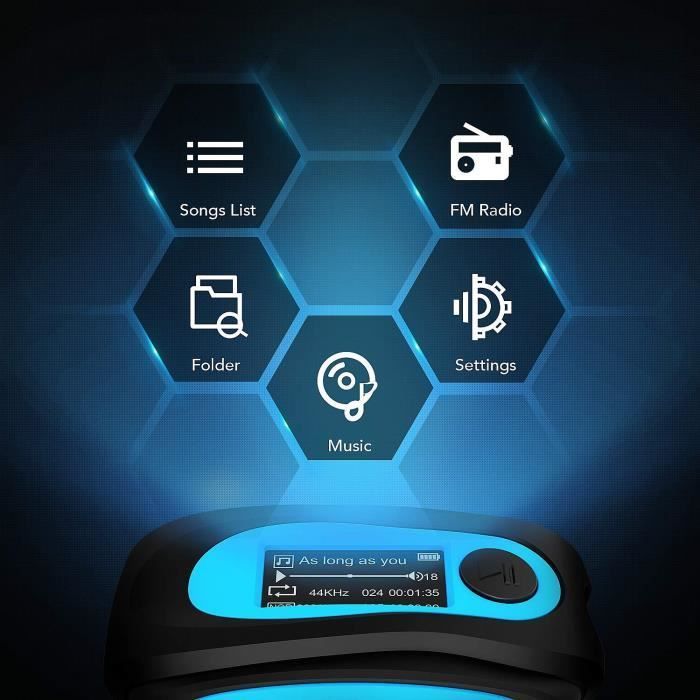 Leitor de MP3 à prova d'água IPX8 com clipe, tela colorida, 8 GB, rádio HiFi sem perdas à prova d'água, reprodutor de música portátil para natação e esportes, azul