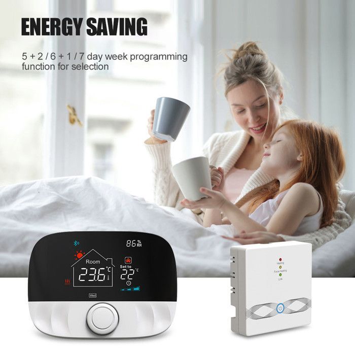Termostato intelligente connesso tramite WiFi e RF433 con doppio sensore per temperatura ambiente/termica, compatibile con Alexa/Google Home, sicurezza