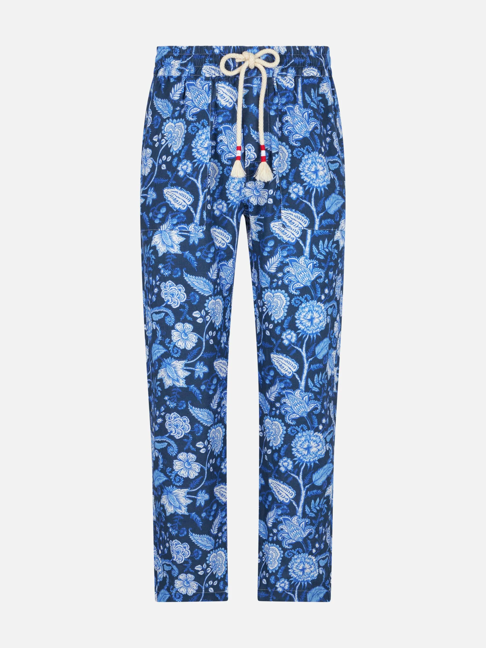 Herenbroek van linnen met bloemenprint