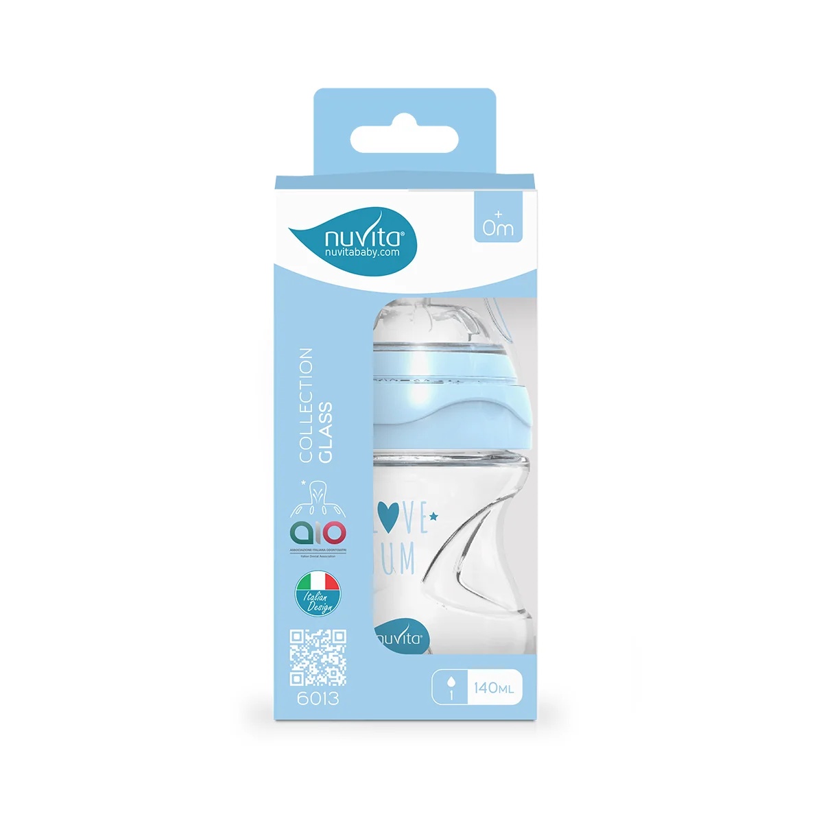 Glazen babyfles NUVITA Collectie 140 ml blauw met anti-koliekventiel