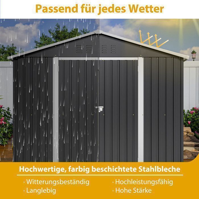 Gartenhaus aus Metall, 7,8 m³, verzinkter Stahl, mit Fundament, Thanaddo Anthrazit, 2 Flügeltüren, 180 x 229,4 x 191 cm
