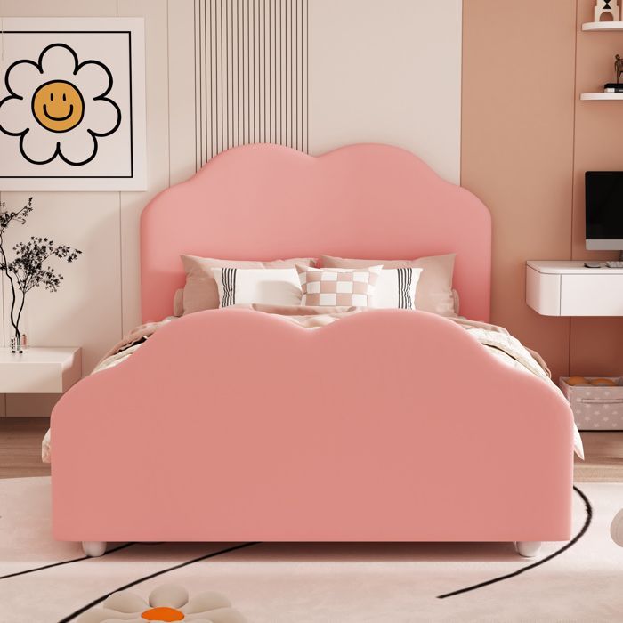 Letto imbottito per bambini 90x200 cm in velluto rosa con sponda di protezione e testiera a forma di nuvola - rete a doghe inclusa