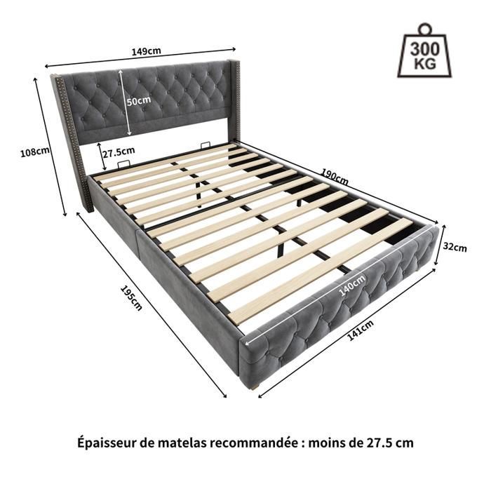 140x190 cm bed with slatted base and headboard, velvet double bed with wooden legs, upholstered double bed, grey