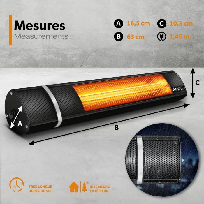 TRESKO Radiateur infrarouge extérieur 2000W | Chauffage radiant terrasse | murale| télecommande | 3 niveaux | intérieur et