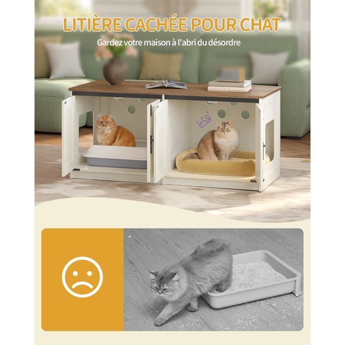 Casita para arenero de gatos, para 2 gatos, armario oculto para arenero, casita para gatos de interior, color marrón rústico y blanco.