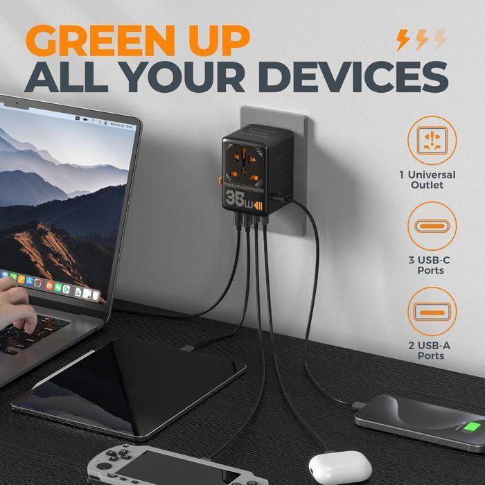 TESSAN 35W GaN universele reisadapter met USB-C snelladen, internationale stekkeradapter voor EU/VK/VS/AUS-stekkers