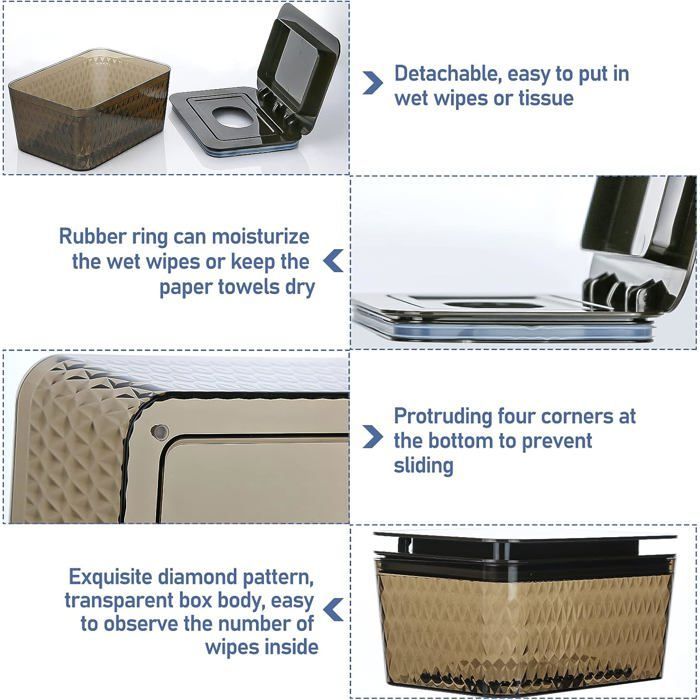 Boîte de lingettes humides, grande capacité, en plastique, avec couvercle anti-poussière.