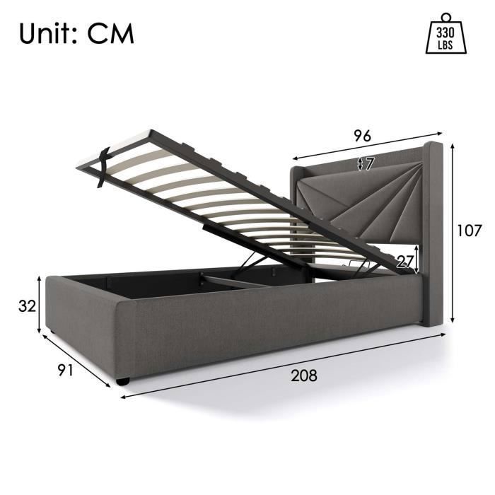 Letto contenitore - MODERNLUXE - 90x200cm - Tessuto in lino - Porta USB - Base a doghe