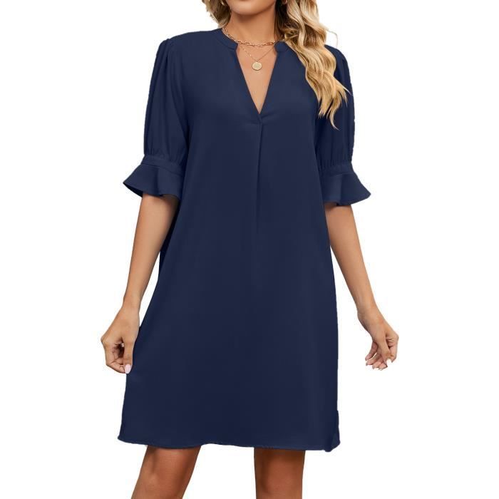 Vestido casual de manga corta con cuello en V para mujer, color liso - Azul oscuro
