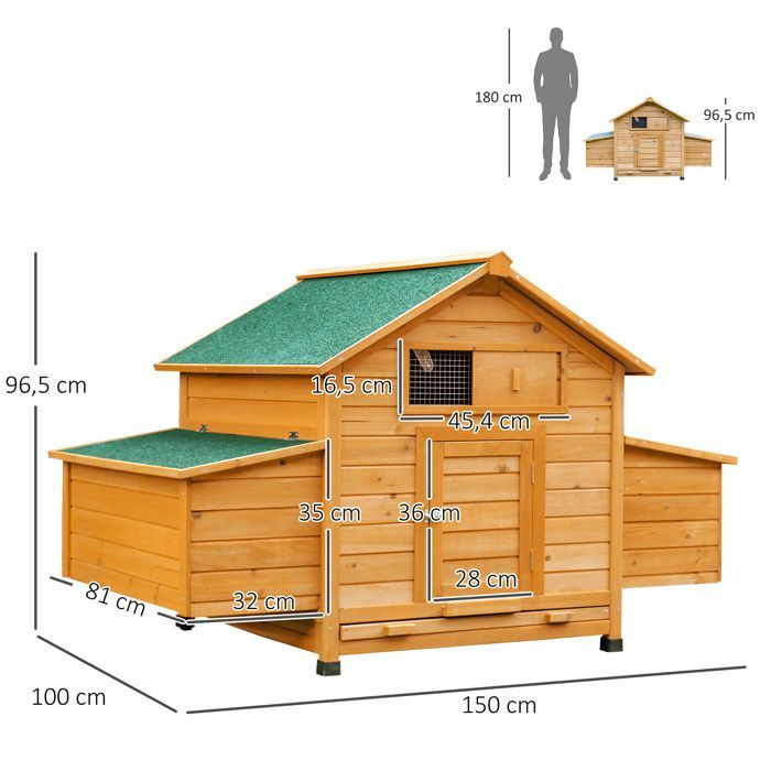 Poulailler - PawHut - pour 4 poules - pondoir, toit imperméable ouvrable, tiroir amovible - bois de sapin - 150x100x96,5cm - jaune