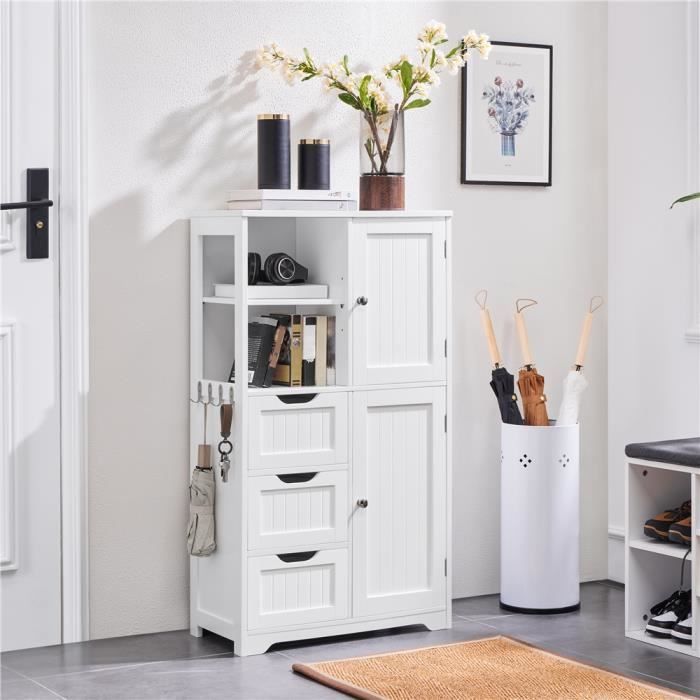 Armario de almacenamiento para baño Yaheetech, 3 cajones, 2 compartimentos, 4 ganchos, 2 armarios, estante regulable en altura, 60 × 30 × 107 cm