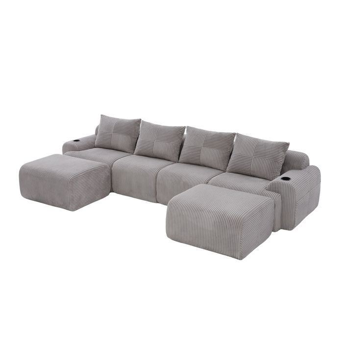 MEUBLIV Modular 4-seater sofa with 2 ottomans, cup holders and storage bags, 333x174x80cm, corduroy, light grey