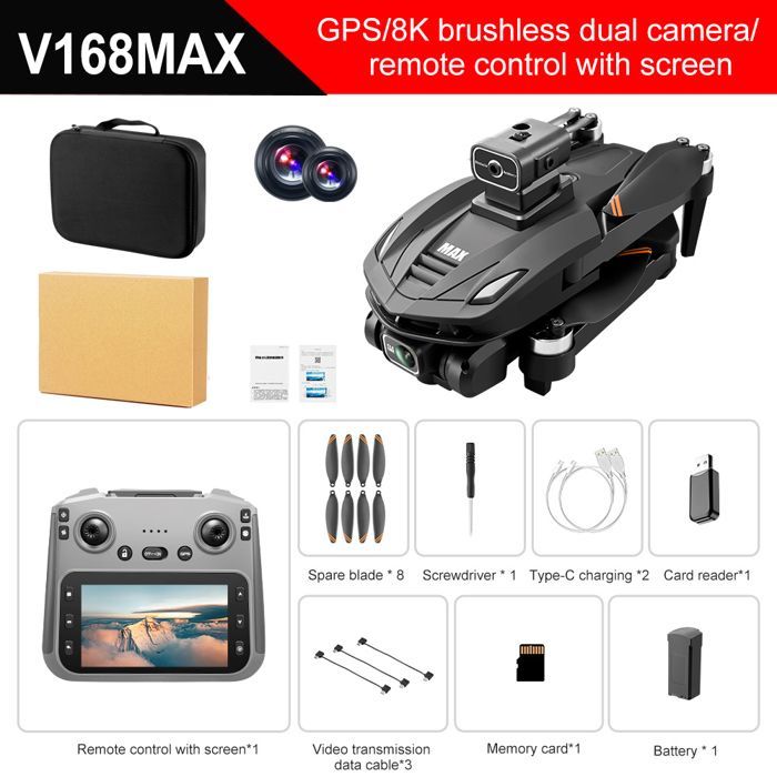 V168 Max-Screen GPS Drone 8K Professional HD Camera 5G WIFI FPV 360° Quadcopter RC Large Screen Brushless to Avoid