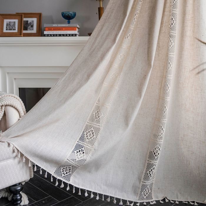Tende in stile bohémien, beige opaco, in cotone e lino, 150 x 240 cm (asta), gancio cavo, realizzate in poliestere e lino