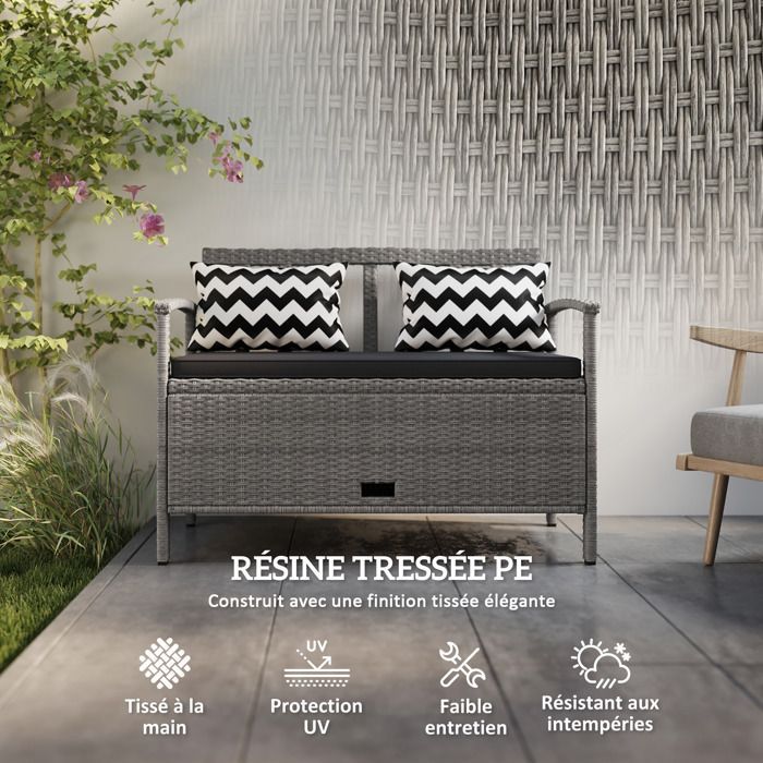 Banco de jardín con almacenamiento - Outsunny - 2 plazas - 160 L - con cojín y 2 almohadas - estructura de acero - ratán sintético - gris