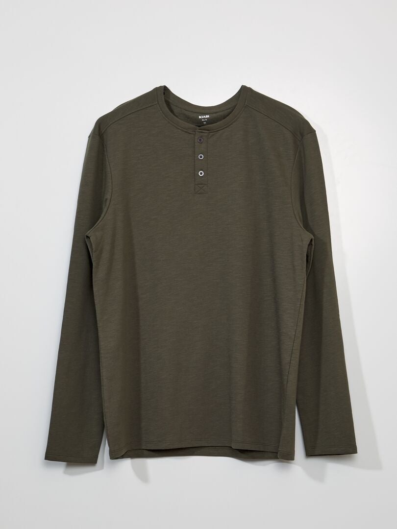 Camiseta de gola Henley de cor sólida - Verde militar