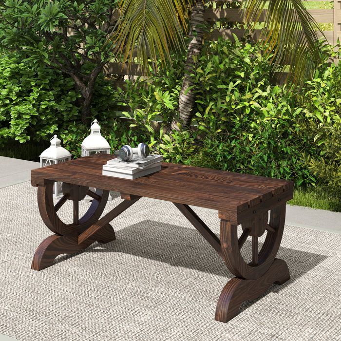 Wooden garden bench - Outsunny - slatted seat, decorative wheel - for patio, terrace, balcony, backyard - brown