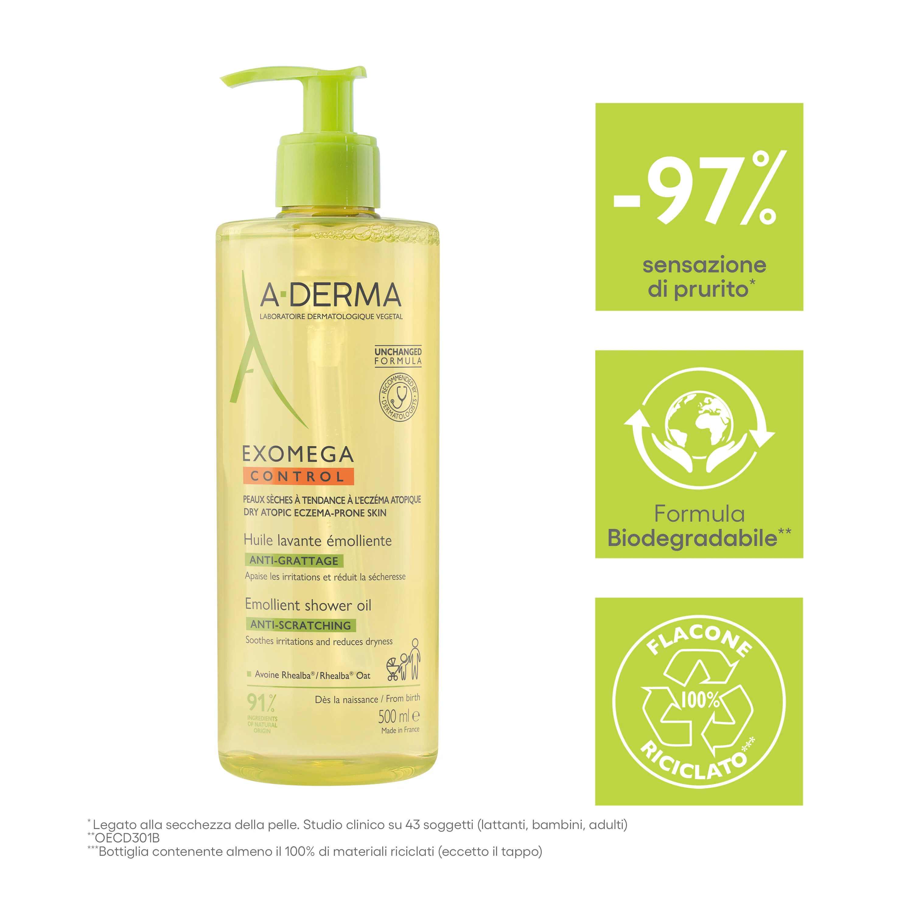 Exomega Control OLIO LAVANTE EMOLLIENTE ANTI-GRATTAGE - Olio Bagno, Olio Doccia, Trattamento Bebè