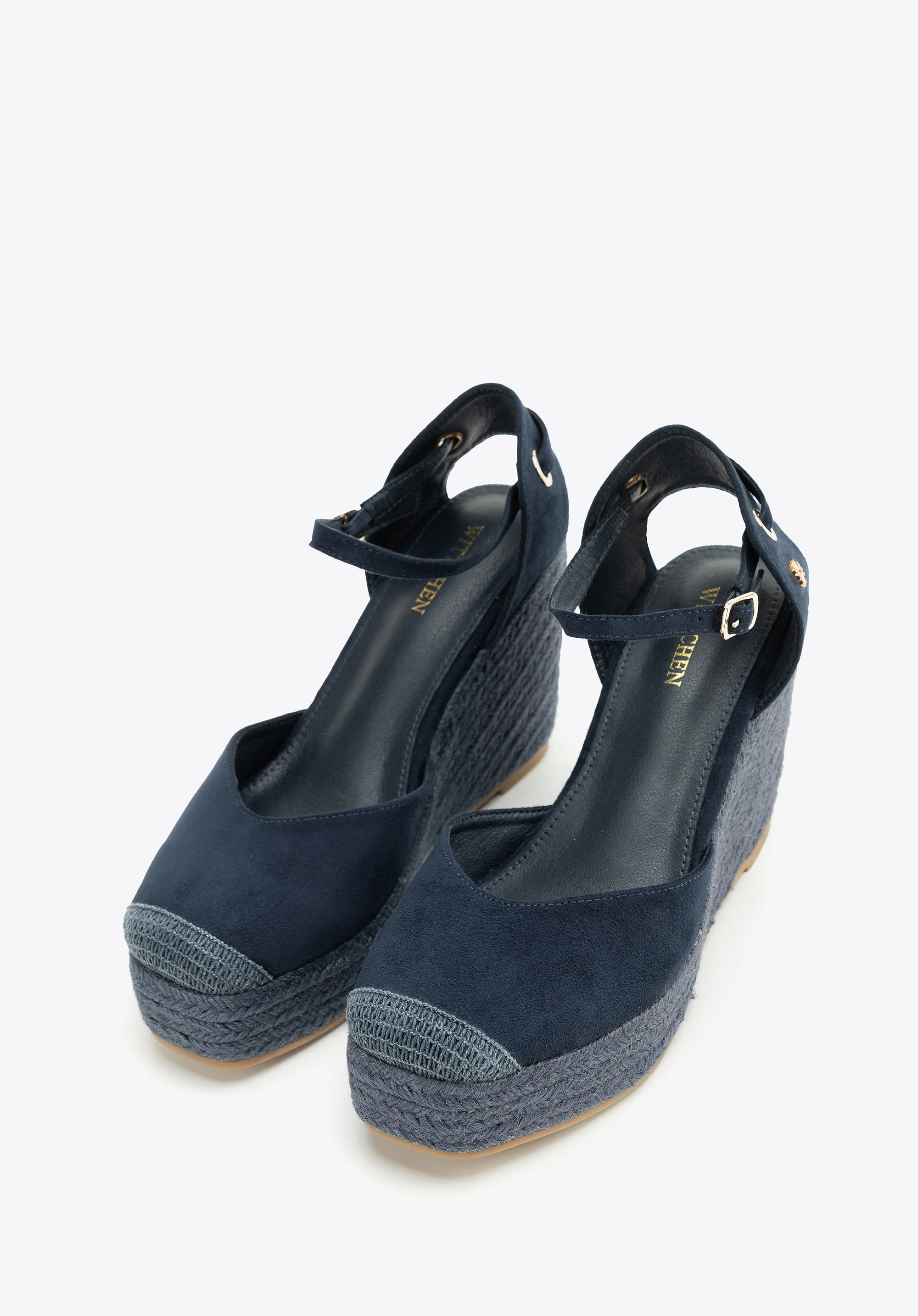 Damskie espadryle na koturnie z wiązaniem granatowe
