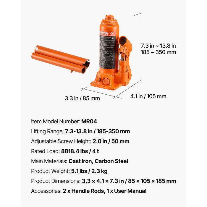 Gato hidráulico de botella grande - VEVOR - Capacidad de 4T - Gato elevador para coches - Rango de elevación 185-350 mm - Naranja