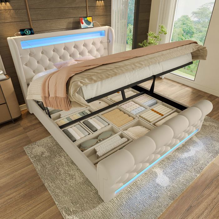 Lit coffre - Becag - Lit double 140x200cm avec LED et USB Type-C, Lit adulte rembourré avec rangement hydraulique, Velours Beige