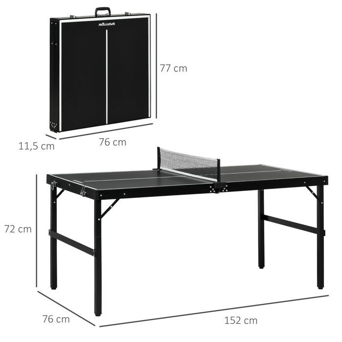 Mini ping pong table - SPORTNOW - foldable - with net, balls, handle - 152 x 76 x 72 cm - black