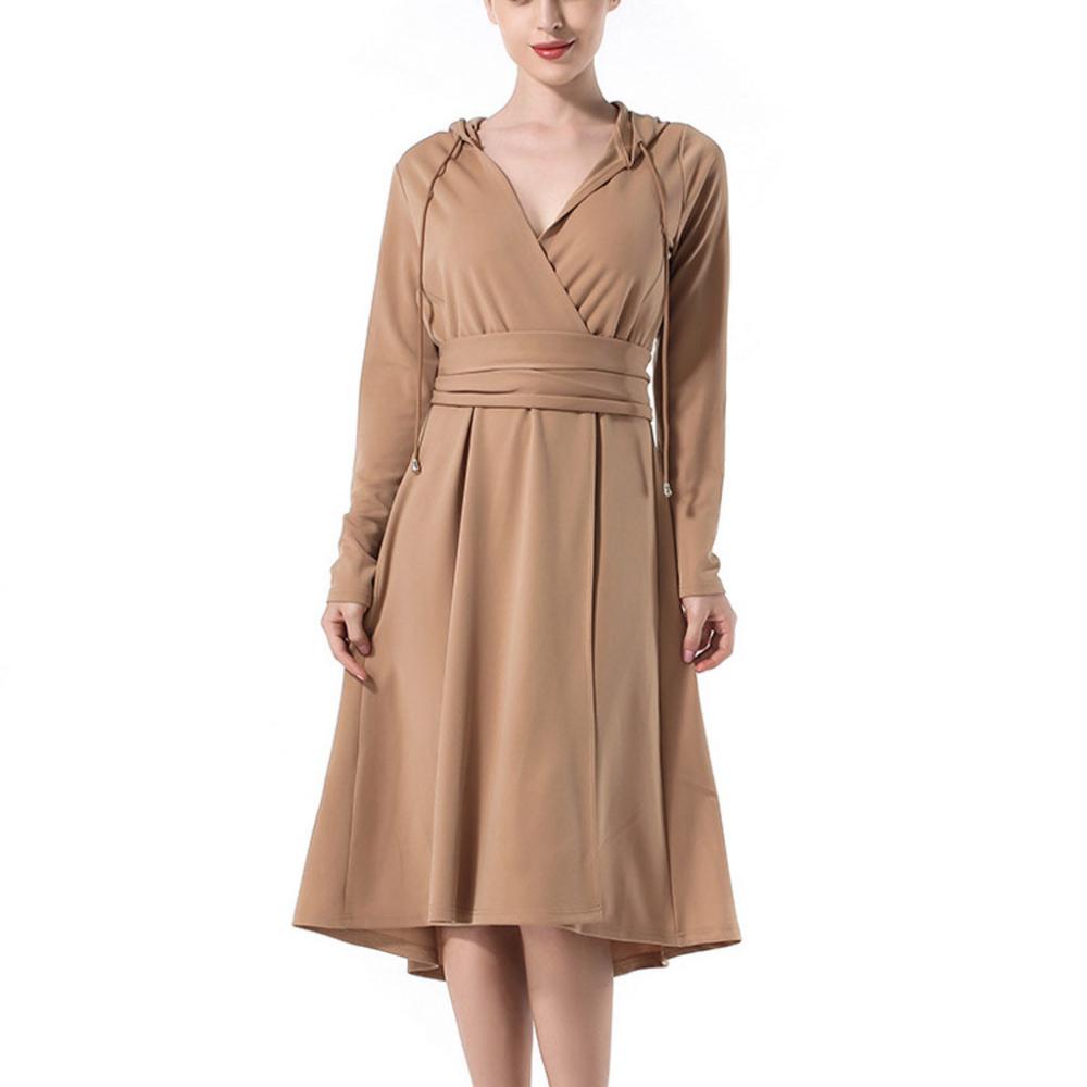Nouvelle robe d'automne élégante pour femme, coupe trapèze, midi, style vintage, unie, à capuche et manches longues, robe chic de soirée, Vestidos Robe Femme