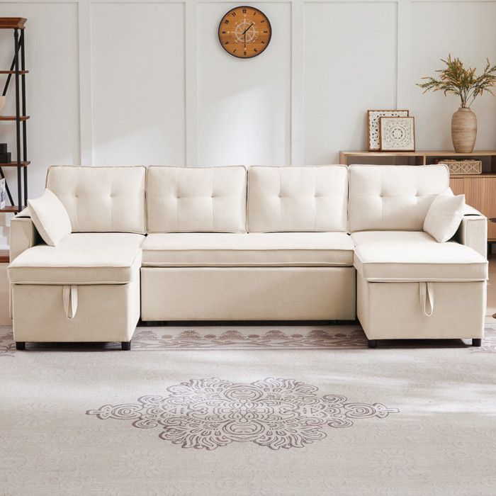 Großes U-förmiges Familiensofa, ausziehbares Schlafsofa, integrierter Stauraum und Getränkehalter – ideal für Wohnzimmer und Lounge