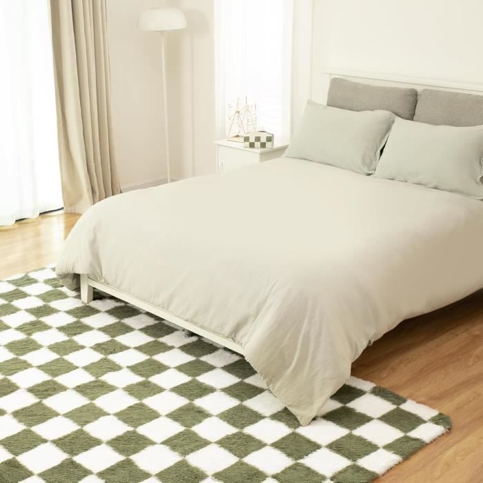 Tapis Salon Shaggy 160 x 230 cm Descente de lit Poils Longs Doux pour Salon Chambre Canapé Moelleux Chambre Blanc Vert