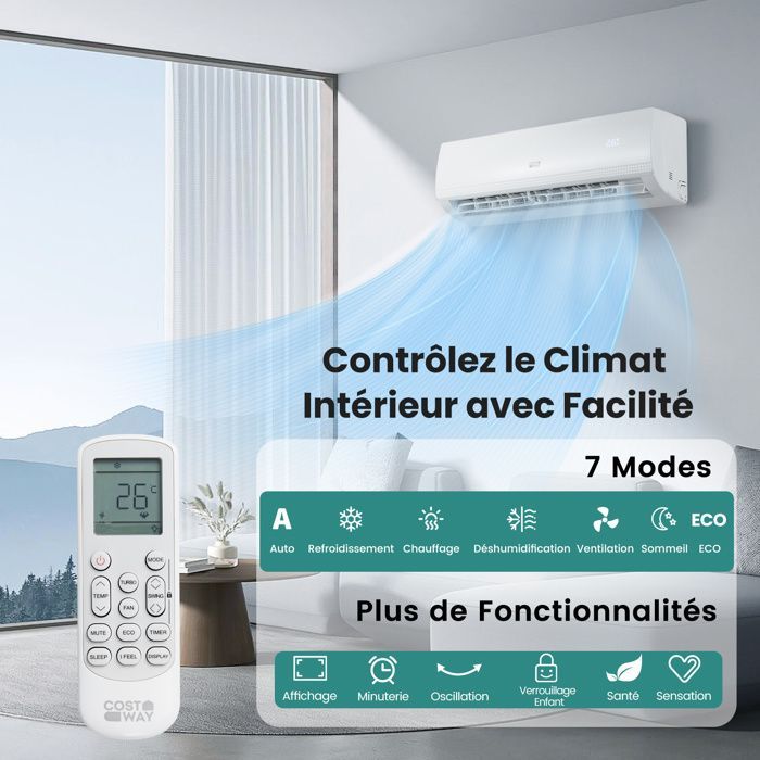 Aire acondicionado fijo mono-split Costway de 9000 BTU y 2,6 kW con refrigerante R32 - Calefacción de 16 a 31 °C - Bomba de calor - Kit de conexión completo de 4 m - Temporizador de 24 horas - A++
