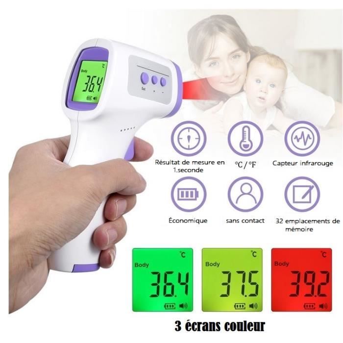 Termómetro digital infrarrojo sin contacto 3 en 1 para la frente: mide superficies, líquidos y la temperatura de bebés y adultos.